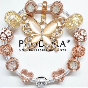 Authentic Pandora Silver Bracelet with Rose Gold Butterfly European Charms